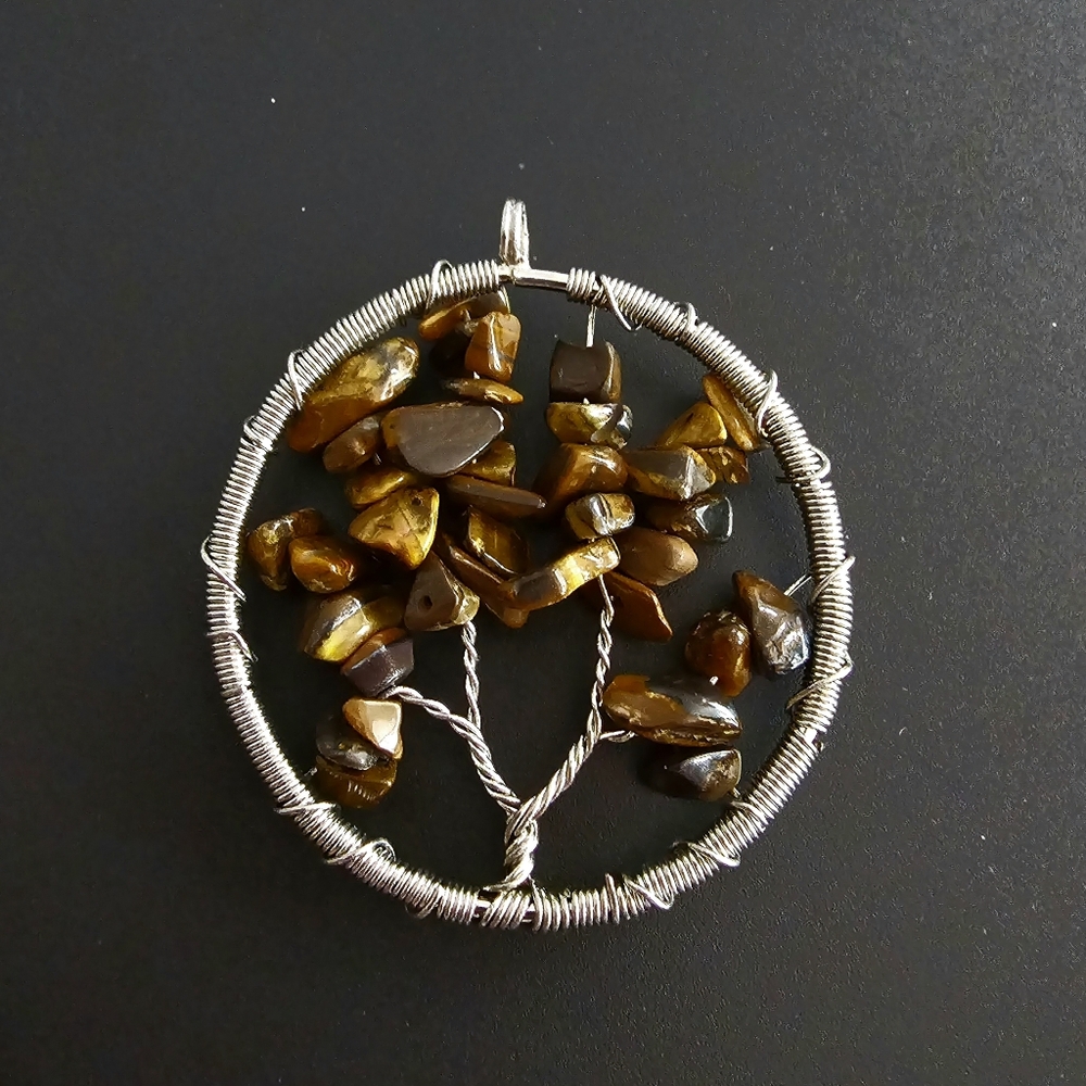 TIGER EYE HAND BEADED LARGE WIRE WRAPPED TREE OF LIFE PENDANT
